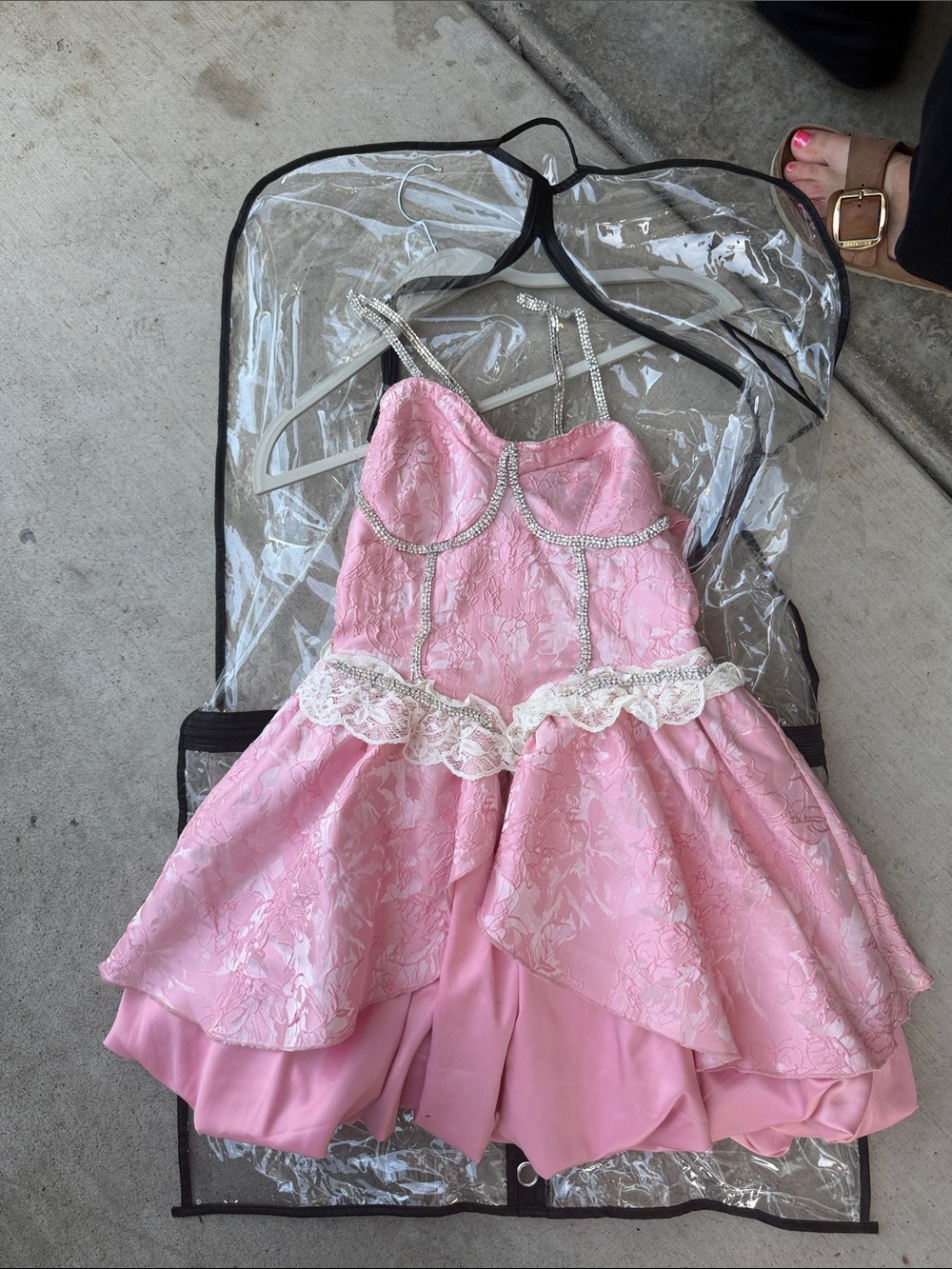 Pink Lace Party Dress with Rhinestone Trim